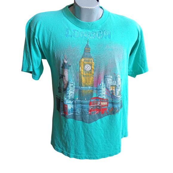 Large Vintage T-shirt Single Stitch London Big Ben Double-Decker Bus Turquoise - Picture 1 of 8